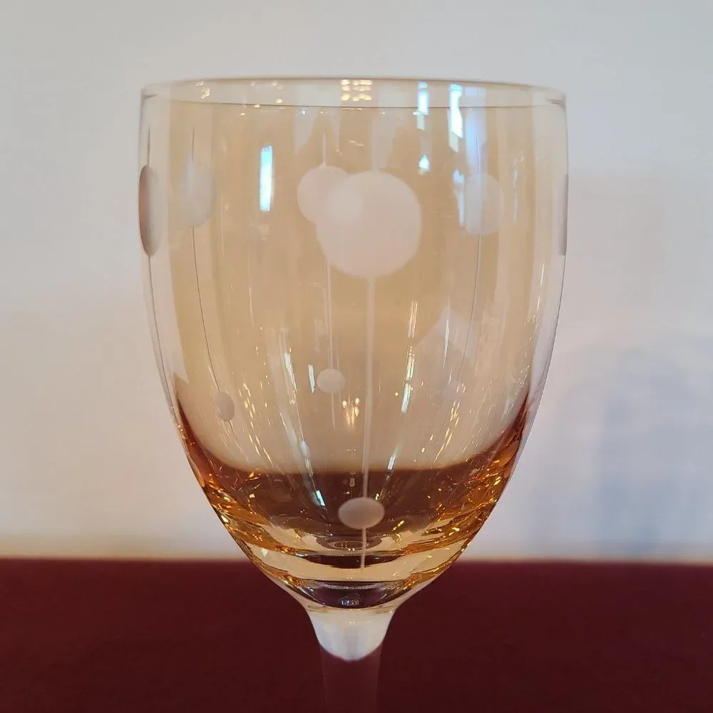 Vintage Golden Amber Light Yellow Iridescent Wine Glasses With Etching Set of 2